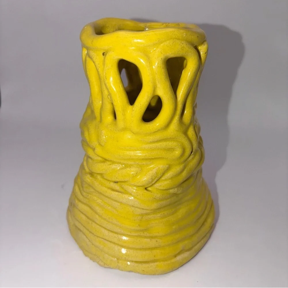 Handmade Yellow Drip Glaze Basket Ceramic Vase / Sculptural Art Pottery - Signed